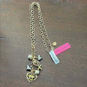 Betsey Johnson Gold Necklace with Black Heart Charms